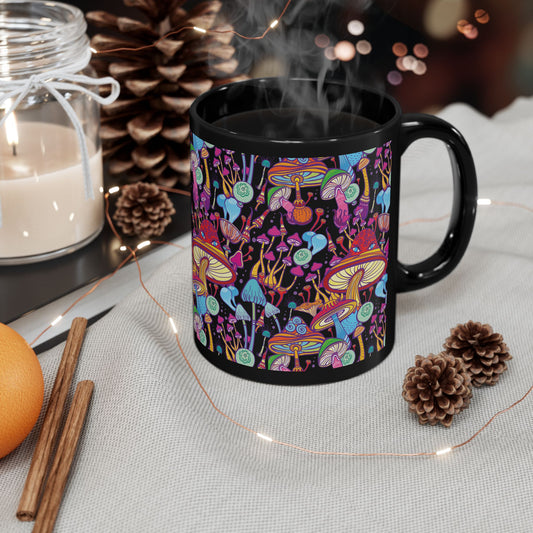 Colorful Mushroom Art Black Mug - Perfect for Nature Lovers & Coffee Enthusiasts